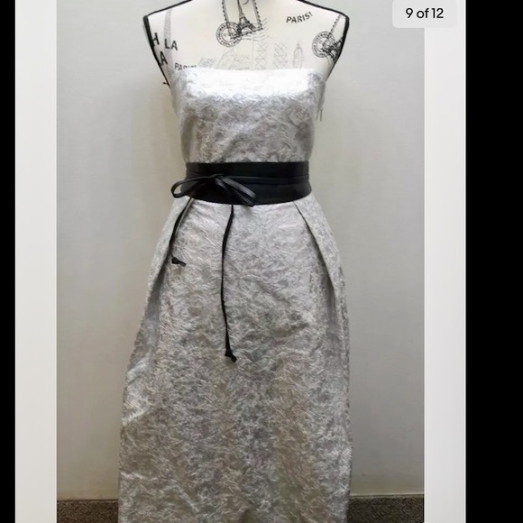 NWT Lord & Taylor Strapless Midi Dress Ball Prom Metallic Silver 6 Gown Jacquard - Picture 1 of 13